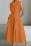 Tangerine Red Casual Print Patchwork Buttons Fold Mandarin Collar A Line Dresses