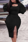 Black Elegant Solid Hollowed Out Patchwork Slit O Neck One Step Skirt Dresses