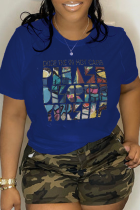 Marineblauwe casual T-shirts met dagelijkse print en patchwork O-hals