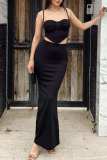 Black Sexy Solid Backless Spaghetti Strap Sleeveless Two Pieces