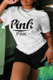 Grey Casual Letter Print Basic O Neck Short Sleeve Two Pieces