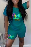 Grey Casual Print Letter O Neck Short Sleeve Two Pieces