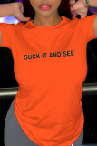Orange Casual Basis Print Patchwork Letter O Neck T-Shirts