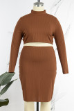 Dark Brown Casual Solid Basic Turtleneck Plus Size Two Pieces