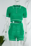 グリーンカジュアルソリッドパッチワークターンダウンカラー半袖ツーピース