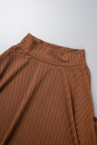 Dark Brown Casual Solid Basic Turtleneck Plus Size Two Pieces