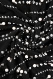Schwarz Sexy Patchwork Hot Drilling Quaste Perlen Rollkragen Kurzarm Kleid Kleider