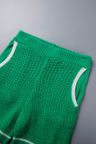 Зеленые повседневные однотонные лоскутные отложные воротники с короткими рукавами из двух частей