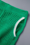 Gola virada verde casual patchwork sólido manga curta duas peças