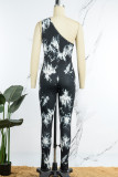 Witte sexy print backless schuine kraag skinny jumpsuits