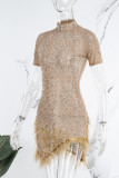 アプリコットのセクシーなパッチワークホット掘削タッセルビーズタートルネック半袖ドレスドレス
