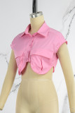 Pink Casual Solid Patchwork Asymmetrical Shirt Collar Tops