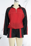 Red Casual Patchwork Contrast Zipper Collar Long Sleeve Two Pieces