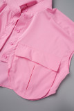 Rosafarbene, lässige, einfarbige, asymmetrische Patchwork-Oberteile mit Hemdkragen