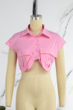 Pink Casual Solid Patchwork Asymmetrical Shirt Collar Tops