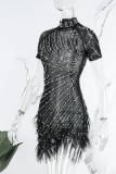 ディープレッドセクシーなパッチワークホット掘削タッセルビーズタートルネック半袖ドレスドレス