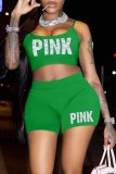 Green Sexy Print Letter Spaghetti Strap Sleeveless Two Pieces