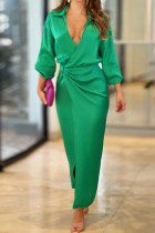 Vestidos de manga larga con cuello en V de patchwork sólido informal verde