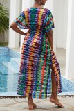 Vestidos de praia multicoloridos estampados casuais patchwork com decote em V