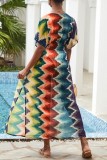 Robe de plage à encolure en V et en patchwork imprimé décontracté de couleur