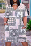 Light Khaki Casual Print Patchwork V Neck Short Sleeve Dress