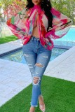 Rose Red Casual Print Patchwork Slit Half A Turtleneck Tops