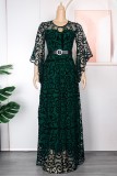 Grön Casual Patchwork urholkat genomskinlig O-hals lång klänning Plus Size Klänningar
