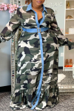 Vert Casual Camouflage Imprimé Patchwork Boutons Volants Col POLO Robe Chemise Robes Grande Taille