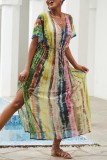 Многоцветное повседневное пляжное платье с принтом в стиле пэчворк и разрезом с V-образным вырезом Платья