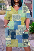 Olijfgroene casual print patchwork jurk met V-hals en korte mouwen