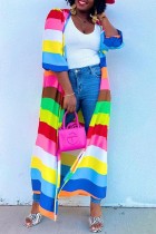Multicolor Rainbow Casual Striped Print Long Cardigan Outerwear