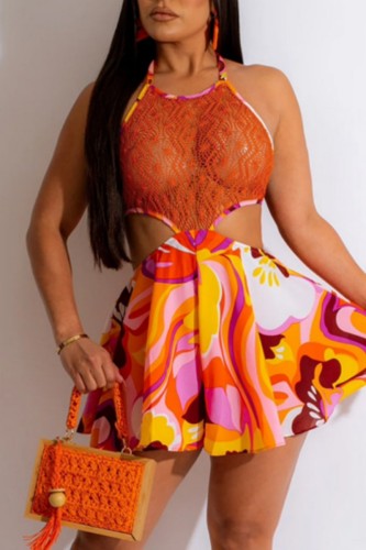 Orange Sexy Print Hollowed Out See-through Backless Halter Sleeveless Dress Dresses