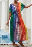 Rainbow Color Casual Print Patchwork Split V-hals strandjurkjurken