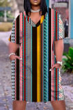 Vestido de manga curta multicolor estampa casual patchwork decote em V