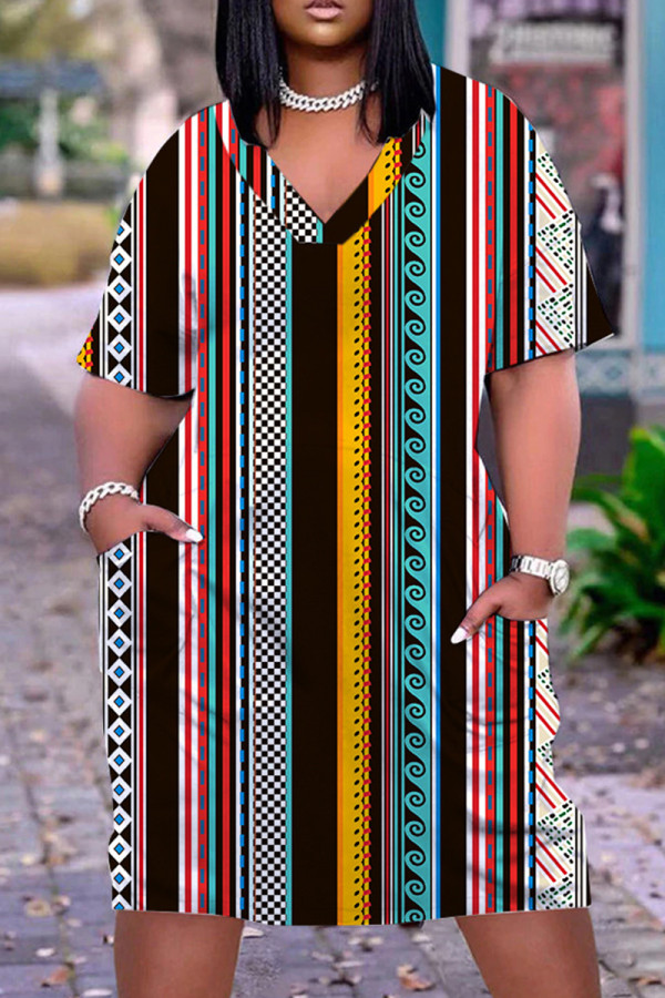 Vestido de manga curta multicolor estampa casual patchwork decote em V