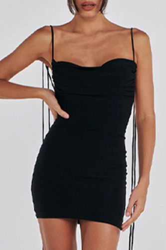 Black Sexy Solid Backless Fold Strap Design Spaghetti Strap Dresses