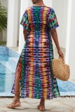 Colour Casual Print Patchwork Slit V Neck Beach Dress Dresses