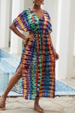 Rainbow Color Casual Print Patchwork Slit V Neck Beach Dress Dresses
