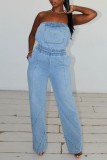 Blue Sexy Casual Solid Backless Strapless Sleeveless Regular Denim Jumpsuits