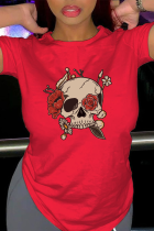 Rote Street-Print-Totenkopf-Patchwork-O-Ausschnitt-T-Shirts