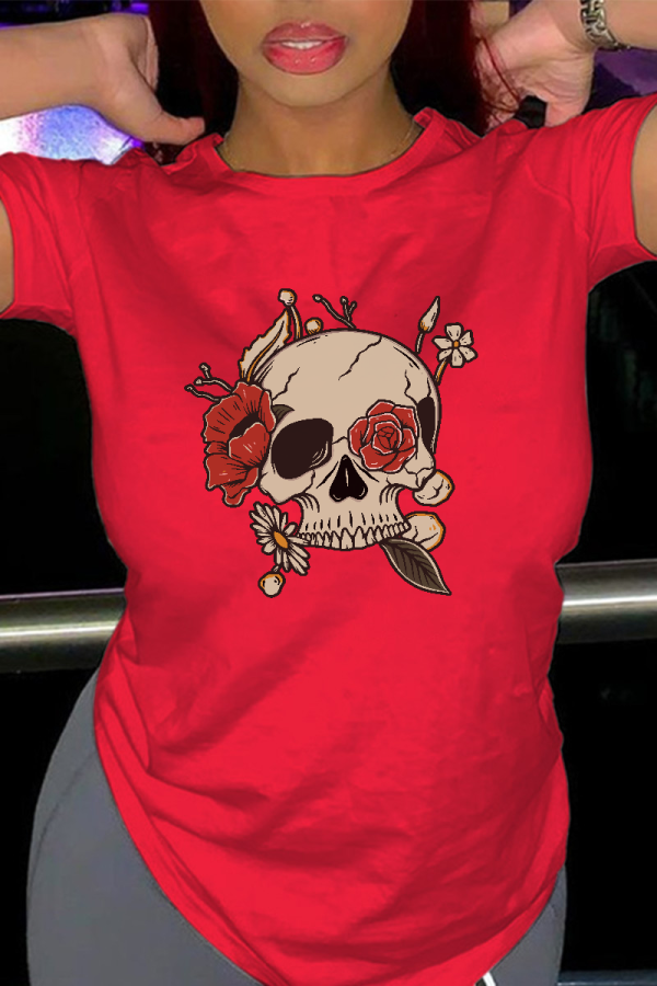 Red Street Print Skull Patchwork O Neck T-Shirts