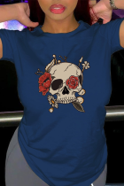 Navy Blue Street Print Skull Patchwork O Neck T-Shirts