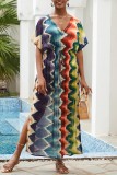 Multi-color casual print patchwork split V-hals strandjurkjurken