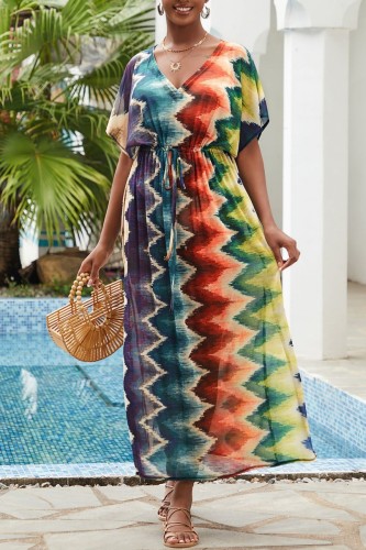 Colour Casual Print Patchwork Slit V Neck Beach Dress Dresses