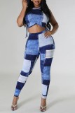 Blue Casual Print Bandage Hooded Collar Sleeveless Two Pieces