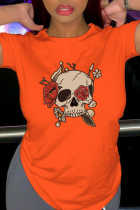 Orange Street-Print-Totenkopf-Patchwork-O-Ausschnitt-T-Shirts