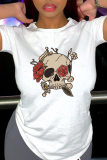Red Street Print Skull Patchwork O Neck T-Shirts