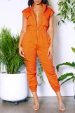 Orange Casual Solid Patchwork Zipper Collar Regular Jumpsuits