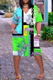 Green Casual Print Patchwork V Neck Short Sleeve Dress