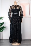Green Casual Patchwork Hollowed Out See-through O Neck Long Dress Plus Size Dresses